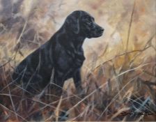 John Trickett (British, b.1951) Oil on canvas "At the Ready", study of a black labrador, signed