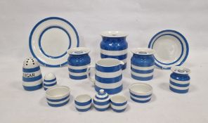 Group of early-mid 20th century TG Green & Co Cornishware pottery, printed green and black shield