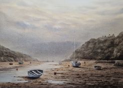 Graham Hadlow (Contemporary) Watercolour "Misty Evening", estuary with tide out, signed lower