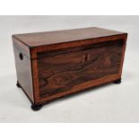 Victorian rosewood and bird's eye maple tea caddy of rectangular form, the lid opening to reveal two