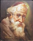 W. Langdon (20th century) Oil on canvas Portrait of a bearded old man with spectacles and red cap,