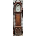 Mid 19th century mahogany cased longcase clock, the painted arched dial decorated with country