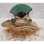 Cowrie shell grass skirt, pair of woven leaf and shell shoes, matching purse and a woven hat