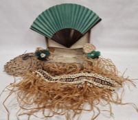 Cowrie shell grass skirt, pair of woven leaf and shell shoes, matching purse and a woven hat
