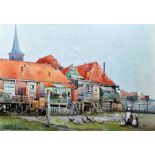 Arthur Harrison (act. c.1903-1922) Watercolour drawing "Volendam", village scene with woman,