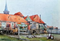 Arthur Harrison (act. c.1903-1922) Watercolour drawing "Volendam", village scene with woman,