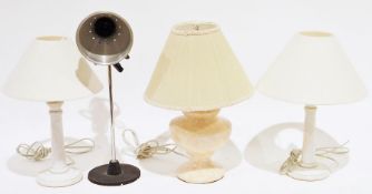 Pair of stained wood table lamps, a ceramic table lamp and a vintage-style desk lamp and four shades