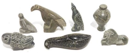 Six stone carved animals, possibly Inuit and a small vase (7)