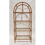 Modern bamboo-effect shelving display unit having four glass shelves with arched top, 178cm high x