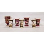 19th century porcelain trio of beaker vases, flared rim and painted with floral spray on puce
