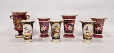 19th century porcelain trio of beaker vases, flared rim and painted with floral spray on puce