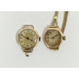 Two early 20th century 14ct gold wristwatches, the smaller being a 14ct gold bracelet, both dials