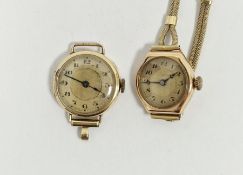 Two early 20th century 14ct gold wristwatches, the smaller being a 14ct gold bracelet, both dials