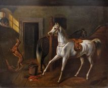 19th century school Oil on board Interior of stable with white horse alarmed by a dog chasing a cat,