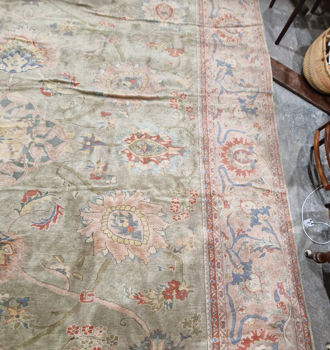 Very large pale green ground Turkish wool rug with central floral medallion on floral interlocked - Image 8 of 41