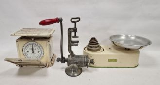 Set of cream painted Belmont scales, a vintage mincer, set of cream painted 'Harper' kitchen scales,