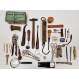Quantity of woodworking tools, set of four silver-plated travelling whisky tots, a propelling