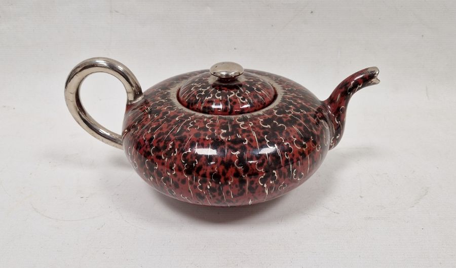 20th century Robbia Gualdo Tadino majolica teapot and cover with silvered knop, spout and handle,