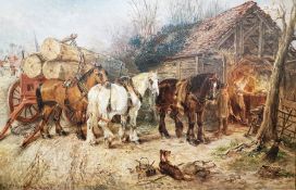 Edwin Frederick Holt (1830-1912) Oil on canvas "The Forge", horses and timber wagon beside forge,