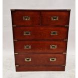 20th century mahogany campaign-style chest of drawers comprising two short over three long