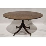 George III mahogany breakfast table of oval form, raised on splayed quadruple supports with metal