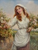 William Joseph Carroll (1842-1902) Oil on canvas "Irish Girl", girl wearing white bonnet picking