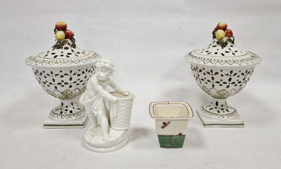 Pair Italian pottery pot pourri vases, each footed and with pierced cover, 26cm high, a porcelain