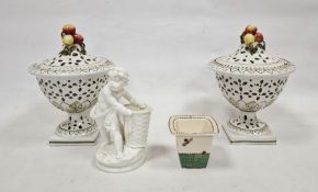 Pair Italian pottery pot pourri vases, each footed and with pierced cover, 26cm high, a porcelain