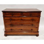 19th century flame mahogany chest of drawers comprising two short over three long drawers, with