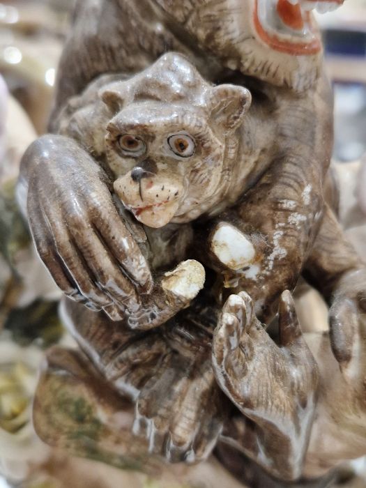 Pair German Plaue porcelain monkey candelabra, each two-branched and floral encrusted with monkeys - Image 10 of 34