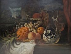 In the style of George Lance Oil on canvas Still life of pineapple, fruit and ewer, with castle in