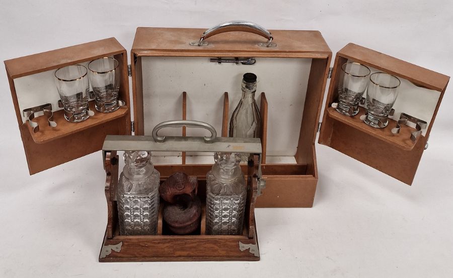 Vintage travelling/picnic drinks cabinet, an oak tantalus with two cut decanters and a stained - Image 2 of 3