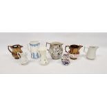 Assorted English pottery jugs, early 19th century and later including a silver Sunderland lustre