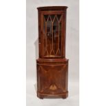 Reproduction walnut bowfronted corner unit, 180cm high and a reproduction mahogany sofa table,