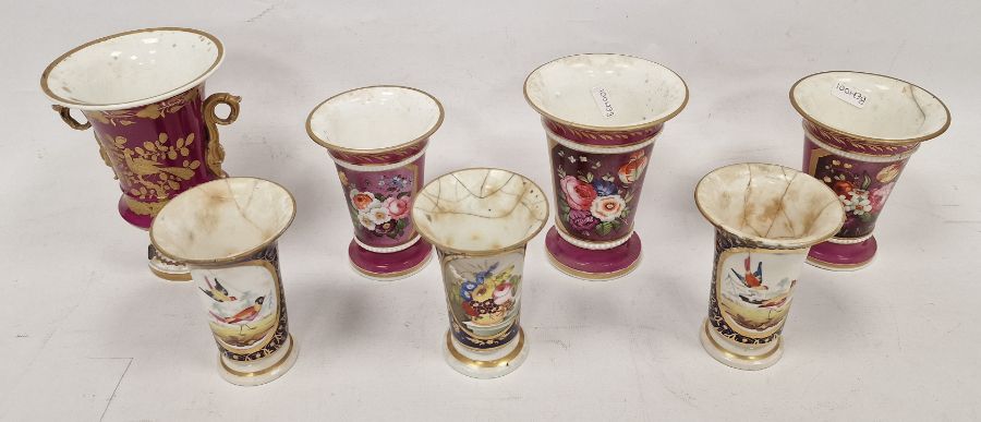 19th century porcelain trio of beaker vases, flared rim and painted with floral spray on puce - Image 2 of 5