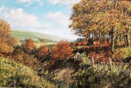 Hugh Gurney (b.1932) Oil on board "Hinds Going to Cover", Fullaford, Exmoor, signed and dated '84