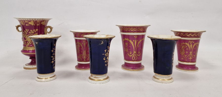 19th century porcelain trio of beaker vases, flared rim and painted with floral spray on puce - Image 3 of 5