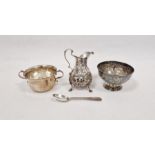 Twin handled silver porringer, Victorian cream jug, sugar bowl and silver teaspoon, gross weight
