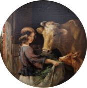 Henry Barraud (1811-1874) Oil on canvas 'Girl feeding cow and calf', signed lower left, circular,