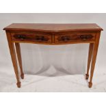 Reproduction veneered bowfronted console table/hall table with burrwood veneer to the top, two short