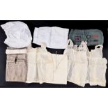 Various vintage lace pieces and trimmings, white collars, linen bags, muslin embroidered doll's
