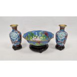 Modern Chinese cloisonne bowl, blue ground decorated with chrysanthemum and butterfly, within wave-