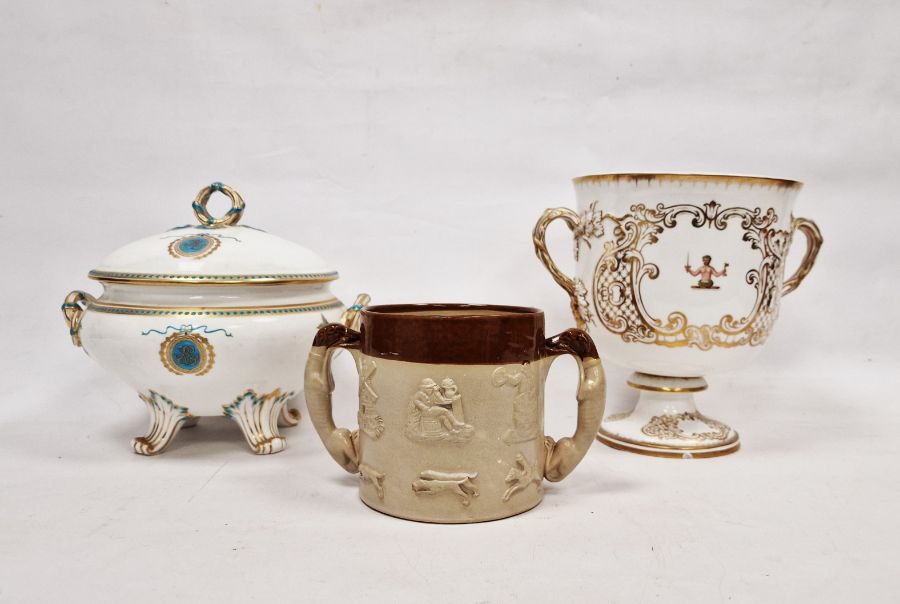 19th century Copeland porcelain two-handled armorial loving cup on circular foot, painted with crest