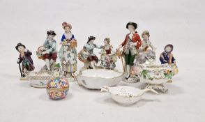 Seven continental porcelain figures to include Sitzendorf, two Dresden trinket dishes (one damaged),