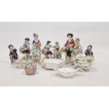 Seven continental porcelain figures to include Sitzendorf, two Dresden trinket dishes (one damaged),