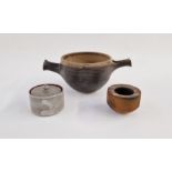 Andrew Niblett (contemporary) small raku fired pot decorated with three soft metal bars to top,