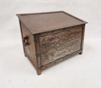 20th century metal coal bucket, of rectangular form, with sloping lid and riveted decoration