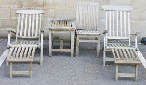 Two teak garden loungers one by Barlow Tyrie, the other Bramble Crest, a single slatted chair by