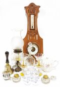 Oil lamp, a barometer, a pair of possibly 19th century/early 20th century glass inkwells, a cut
