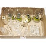 Set of five flash cut coloured hock glasses, a set of four Roemer-style wine glasses, three Royal